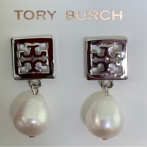 Final sale tory Burch Silver square logo and Pearl Drop Earrings - Picture 2 of 3